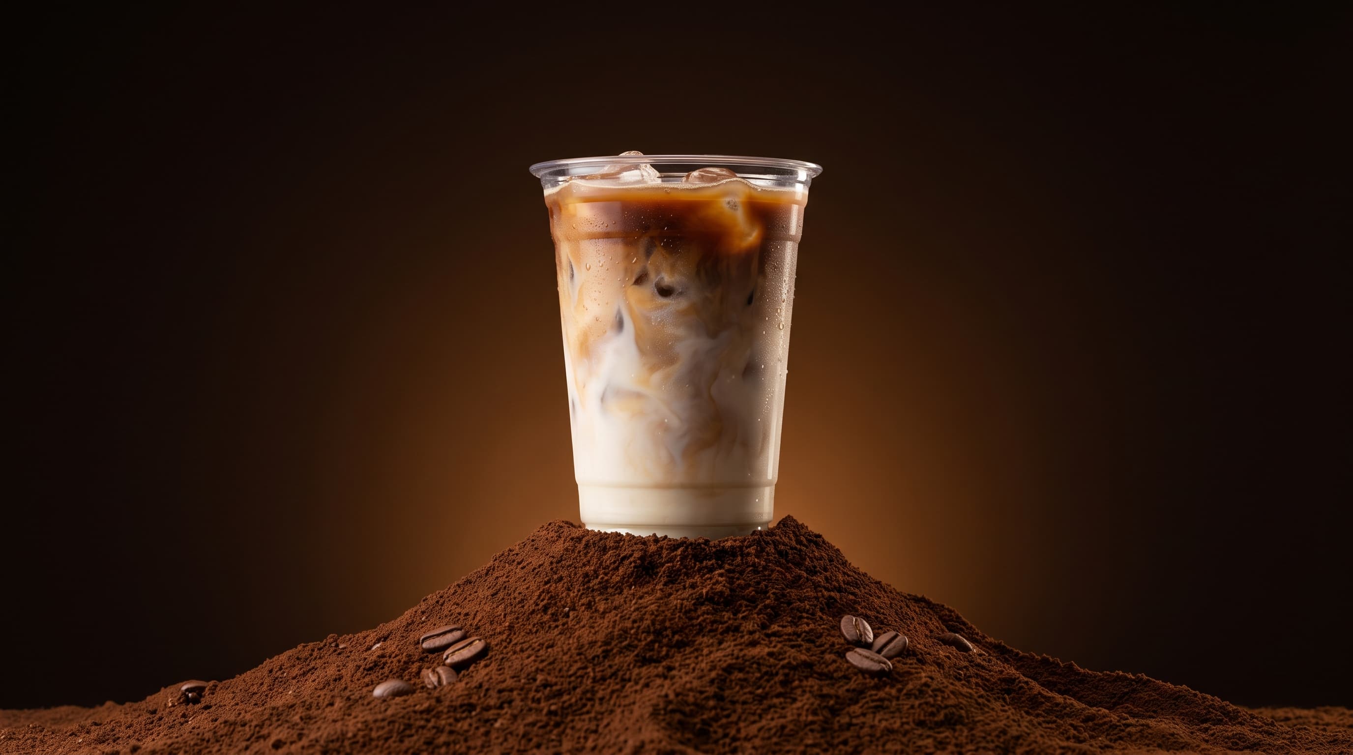 Iced Project Pink Original latte in a clear cup, espresso swirling into cold milk, standing on a mound of ground coffee
